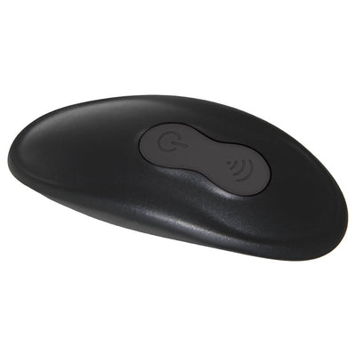 Black ergonomic remote control with power and signal buttons for vibrating silicone cockring