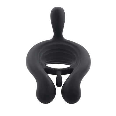 Black silicone triple motor vibrating cock ring with remote control and stimulator extension.