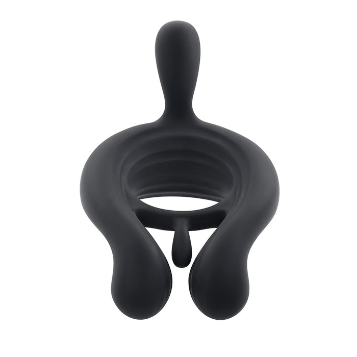 Playboy Triple Play Rechargeable Remote Controlled Vibrating Silicone Cockring With Stimulator Black - SexToy.com