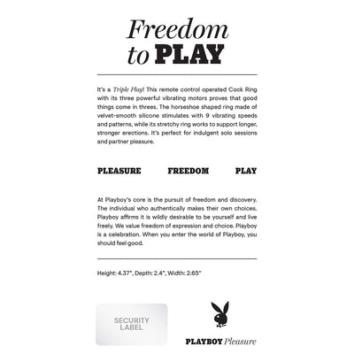 Playboy Triple Play rechargeable remote controlled vibrating silicone cockring with stimulator product description and features text.