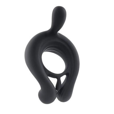 Black silicone vibrating cock ring with remote-controlled stimulator and ergonomic design.