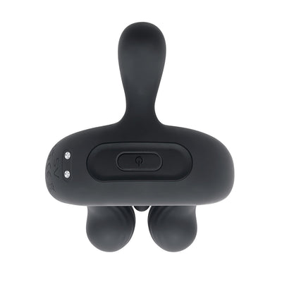Black silicone triple motor vibrating cock ring with remote control power button visible, designed for support and stimulation.