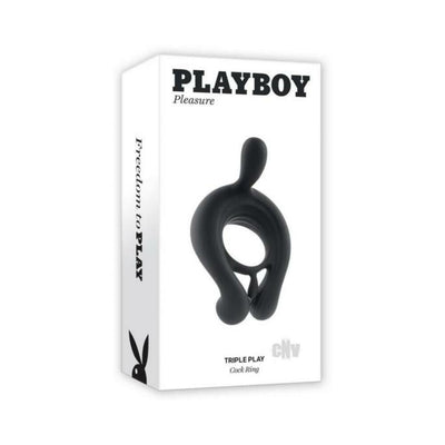 Packaging box of Playboy Triple Play black silicone vibrating cock ring with remote control, shown on white background.