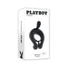 Packaging box of Playboy Triple Play black silicone vibrating cock ring with remote control, shown on white background.
