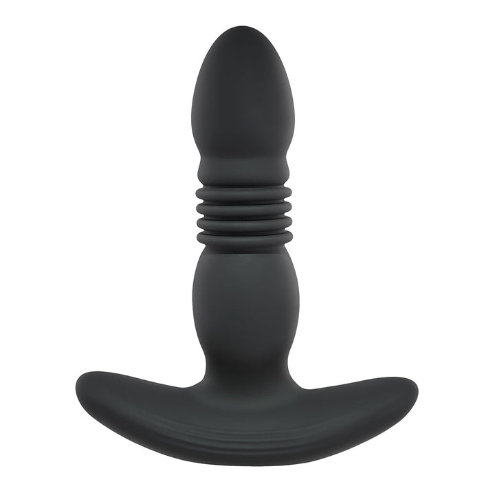 Black silicone rechargeable anal plug with ribbed midsection and curved base for comfort and control.