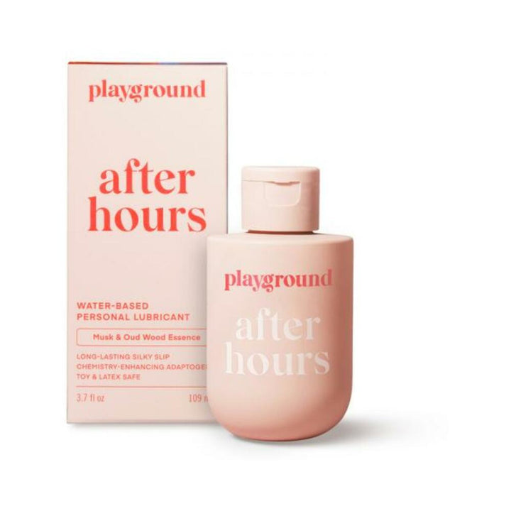 Playground After Hours water-based personal lubricant bottle and matching box in soft pink with red and white text.