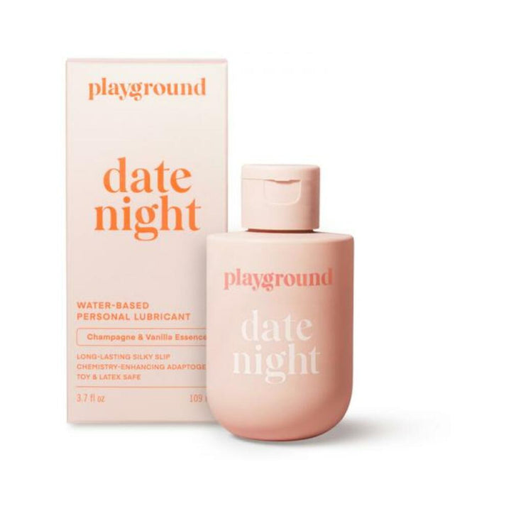 Playground Date Night water-based personal lubricant bottle and box in soft peach with orange and white text.