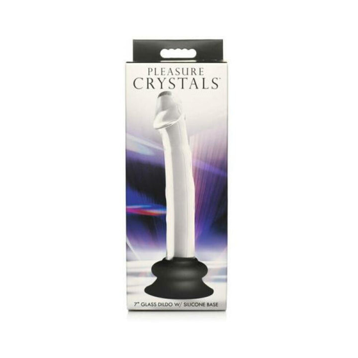 Packaging of Pleasure Crystals 7-inch clear glass dildo with black silicone suction base against a white background.