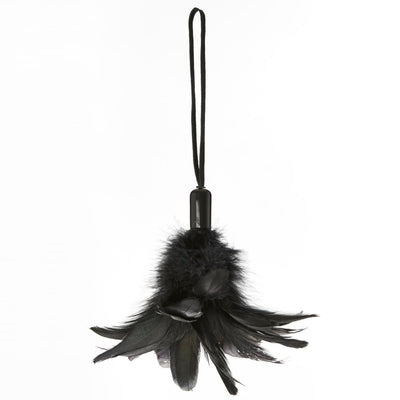 Black feather tickler with soft feathers and a looped wrist cord for gentle teasing and sensory play.