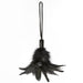 Black feather tickler with soft feathers and a looped wrist cord for gentle teasing and sensory play.