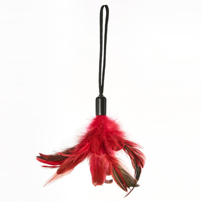 Red and black feather tickler with a black wrist loop for playful sensory stimulation.