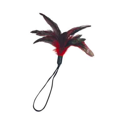 Luxurious feather tickler with vibrant red and black rooster feathers and a black wrist loop for playful teasing.