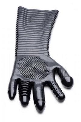 Black extra long textured glove with unique finger shapes and ribbed forearm for varied stimulation.