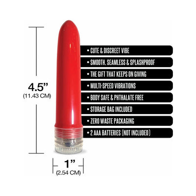 Red 4.5-inch smooth, seamless, splashproof vibrator with multi-speed settings and clear base, shown with size dimensions and features.