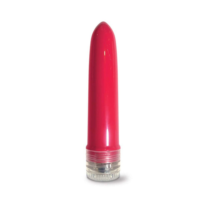Compact red 4-inch multi-speed vibrator with clear base for easy control on a white background.