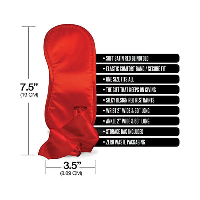 Red satin blindfold with elastic band and silky red wrist and ankle restraints, dimensions and features listed.