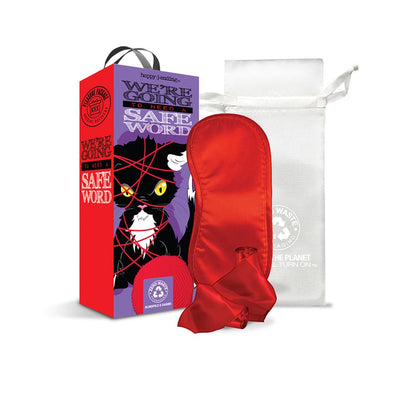 Red satin blindfold and sashes with eco-friendly storage bag and colorful packaging featuring a black cat design.