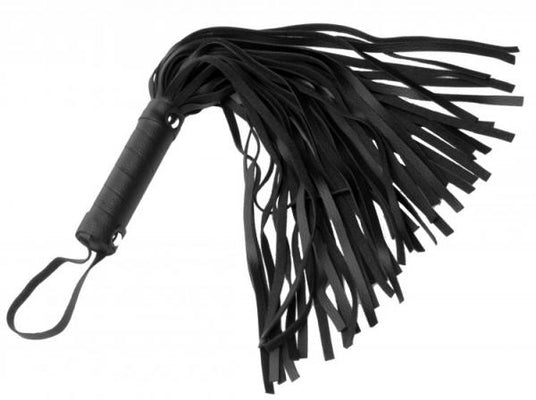 Black mini flogger with pleather falls and wrapped handle featuring wrist loop and silver studs.