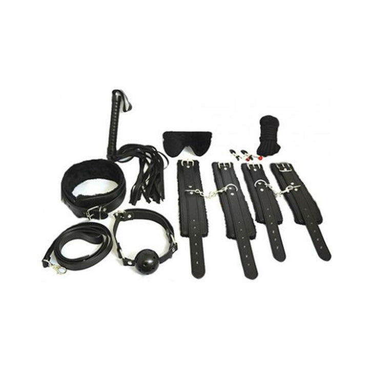 12-piece bondage kit with faux fur-lined cuffs, collar and leash, ball gag, blindfold, mini flogger, nipple clamps, and soft rope.