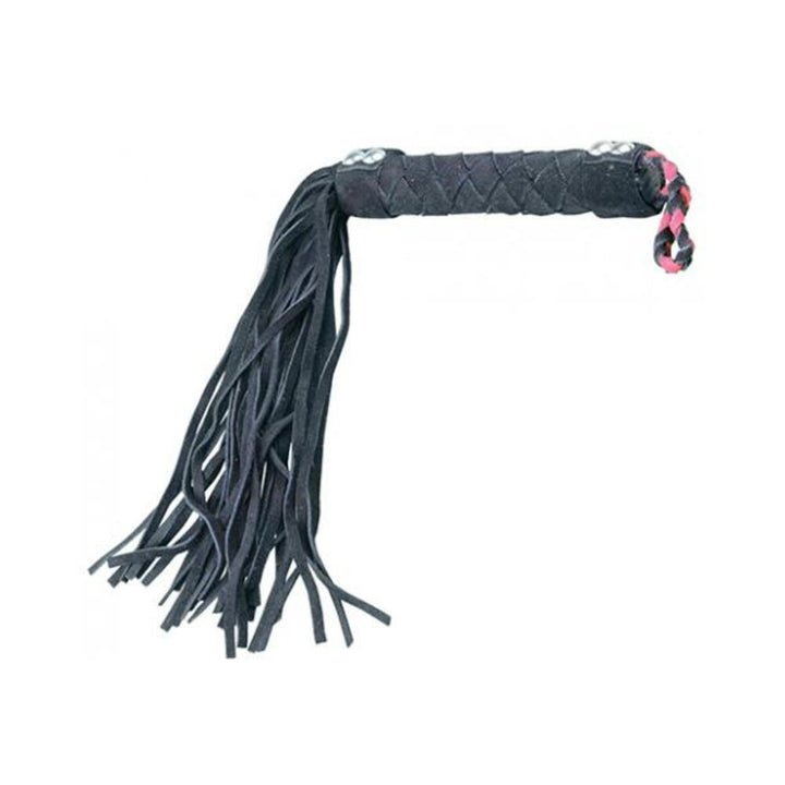 Black 15.5-inch leather flogger with braided handle and wrist strap, featuring multiple soft suede tails.