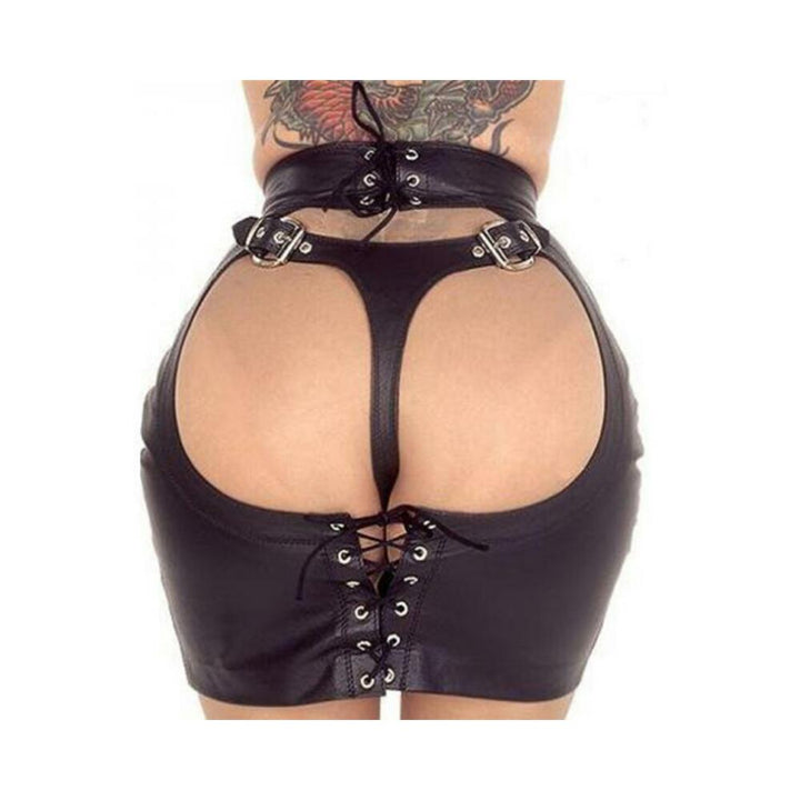 Back view of black adjustable PVC skirt with built-in thong and lace-up detailing, showcasing open design and buckle accents.