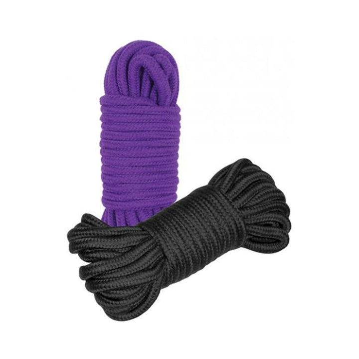 Two neatly coiled 10m ropes in purple and black, designed for secure and comfortable bondage use.