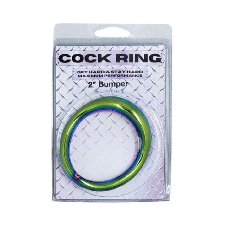 Rainbow-colored stainless steel 2-inch bumper cock ring in clear retail clamshell packaging.