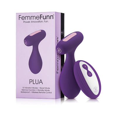 Purple Femme Funn PLUA plug with wireless remote control and packaging box on white background.