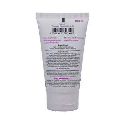 Back view of Plump Enhancing Cream for Men 2oz tube showing ingredients and usage directions.
