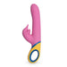 Pink silicone dolphin vibrator with yellow and blue ergonomic handle and dual stimulation design.