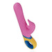 Pink silicone dolphin vibrator with yellow and blue ergonomic handle and control buttons on white background.