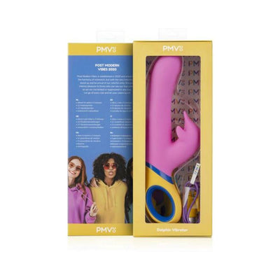 Pink silicone dolphin vibrator with blue and yellow handle in yellow packaging with product details and images of two women on the back.