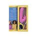 Pink silicone dolphin vibrator with blue and yellow handle in yellow packaging with product details and images of two women on the back.