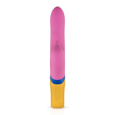Pink silicone dolphin vibrator with yellow base and blue accent, featuring ergonomic design and control buttons.