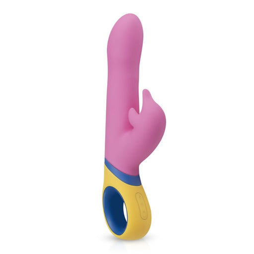 Pink silicone dolphin vibrator with yellow and blue ergonomic handle and control buttons on white background.