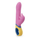 Pink silicone dolphin vibrator with yellow and blue ergonomic handle and control buttons on white background.