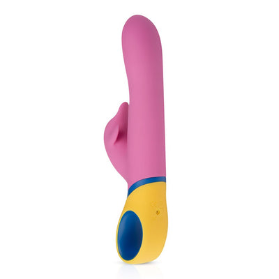 Pink silicone dolphin vibrator with yellow and blue ergonomic handle, designed for dual stimulation and easy control.