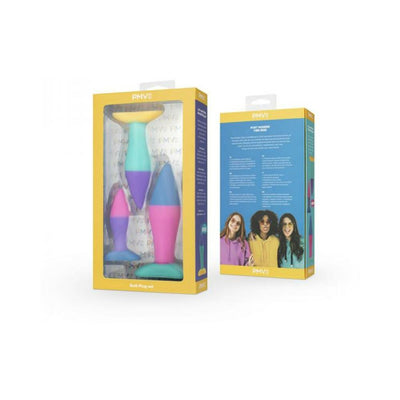 PMV20 Koda 3-piece multicolor silicone butt plug set in yellow packaging with product info and diverse women on the back panel.