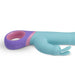 Teal silicone rabbit vibrator with purple and pink ergonomic handle and dual stimulation design.