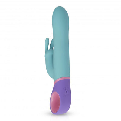 Teal silicone rabbit vibrator with dual stimulation arms and purple-pink ergonomic handle on white background.