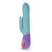 Teal silicone rabbit vibrator with dual stimulation arms and purple-pink ergonomic handle on white background.
