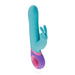 Teal silicone rabbit vibrator with purple and pink ergonomic handle and dual stimulation design.