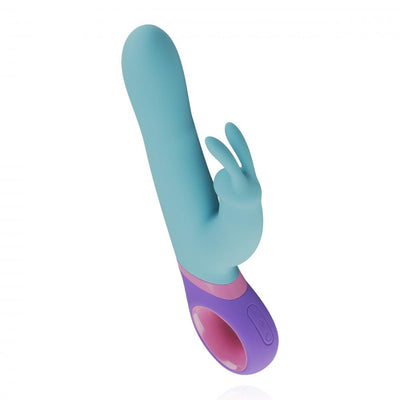Teal silicone rabbit vibrator with purple handle and dual motors for versatile stimulation.