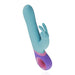Teal silicone rabbit vibrator with purple handle and dual motors for versatile stimulation.