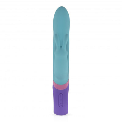 Teal silicone rabbit vibrator with purple base and control buttons, featuring dual stimulation design.