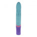 Teal silicone rabbit vibrator with purple base and control buttons, featuring dual stimulation design.