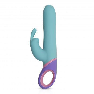 Teal silicone rabbit vibrator with purple and pink handle and ergonomic dual stimulation design.