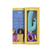 Teal silicone PMV20 Metarabbit vibrator in yellow packaging with USB charging cable visible through window.