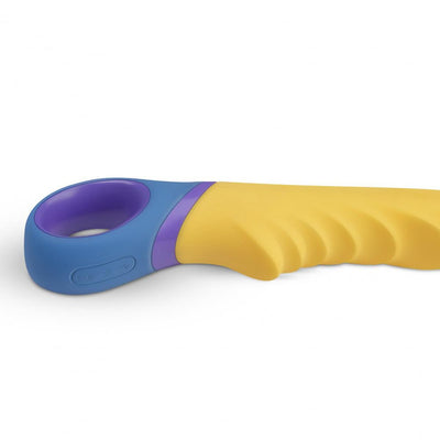Yellow silicone G-spot vibrator with blue and purple ergonomic handle and textured shaft for enhanced stimulation.