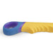Yellow silicone G-spot vibrator with blue and purple ergonomic handle and textured shaft for enhanced stimulation.